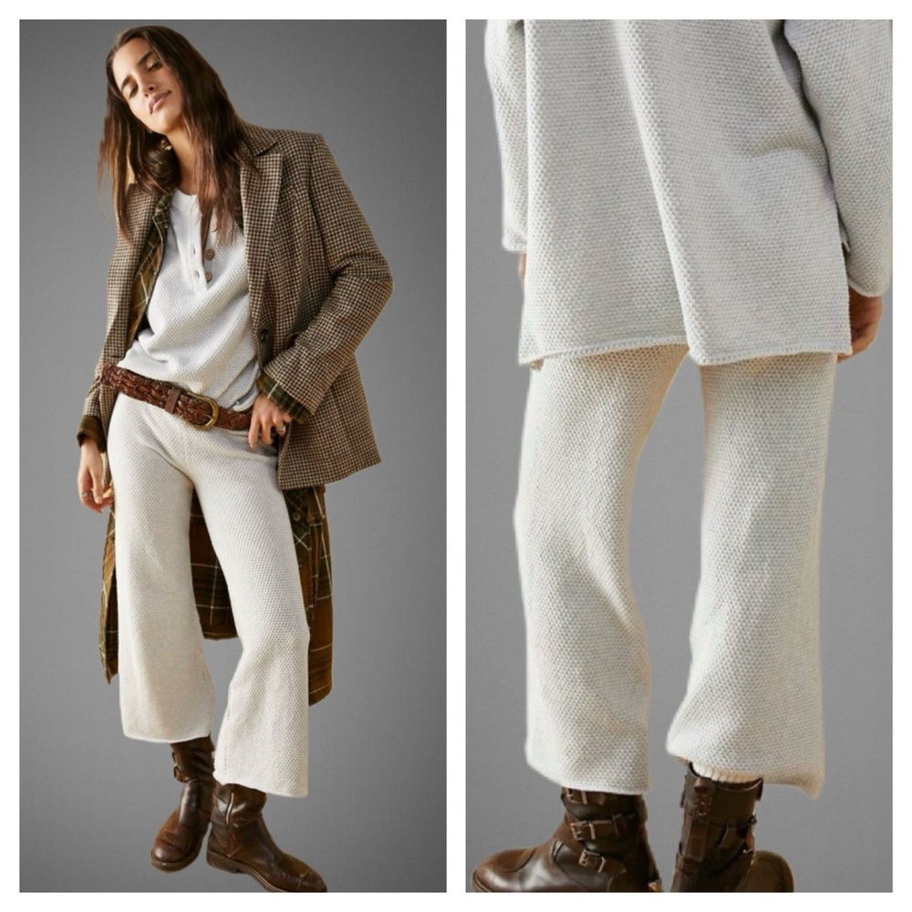 FREE PEOPLE Hailee Waffle Knit Wide Leg Relaxed Pull On Pants in Light Grey sz S - Picture 5 of 13